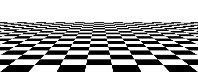 Checkerboard floor in perspective. Black and white checkered tile pattern background. Retro horizontal chess board grid plane surface. Vector vintage empty room stage checker floor