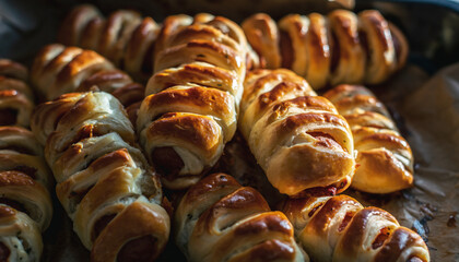 A close-up shot of golden-brown sausage rolls arranged on a baking sheet, with a warm and appetizing mood, typical of a Christmas dinner in the UK.