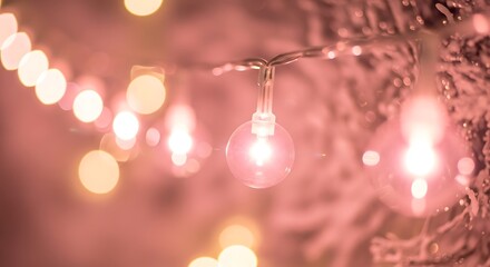 Soft focus pink string lights with bokeh effect and warm glow