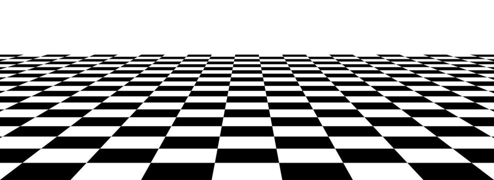 Checkerboard floor in perspective. Black and white checkered tile pattern background. Retro horizontal chess board grid plane surface. Vector vintage empty room stage checker floor