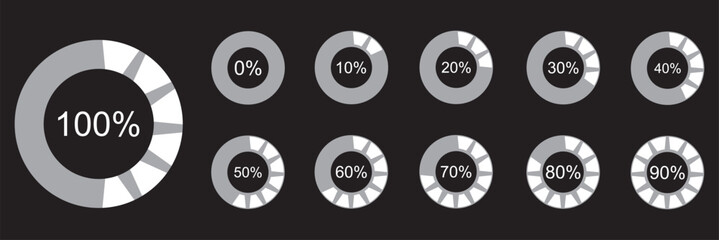 Percentage number icon set vector illustration featuring segmented blue radial pie charts displaying progress from 0% to 100%, perfect for data visualization, infographics, and loading indicators.
