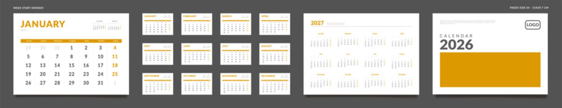 2026 Calendar Planner Set of Template grid Monthly Page, Cover with Place for Photo, Company Logo, Annual 2027. Vector layout of wall or desk organizer calend with week start Monday in print. Pages A4