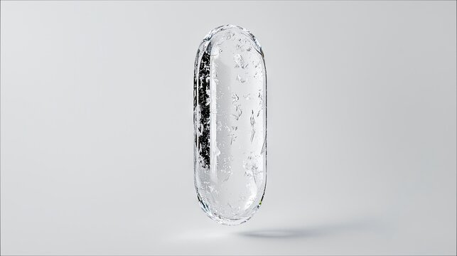 A single, transparent, oval-shaped capsule with visible water droplets on its surface, isolated against a clean white background with soft studio lighting.