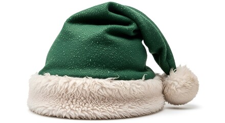 A whimsical green elf hat with fluffy white trim sits playfully on a white backdrop.