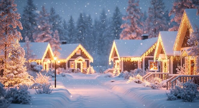 Cozy snow covered village illuminated by warm christmas lights - Powered by Adobe