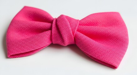 A vibrant, textured, woven pink bow tie isolated on a clean, white background surface.