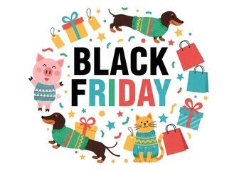 Fototapeta premium Festive Black Friday Illustration with Cute Animals Gifts and Shopping Bags for Holiday Sales and Promotions