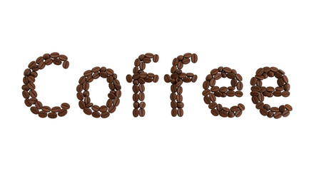 Creative word coffee formed by roasted beans, breakfast brew, caffeine kick