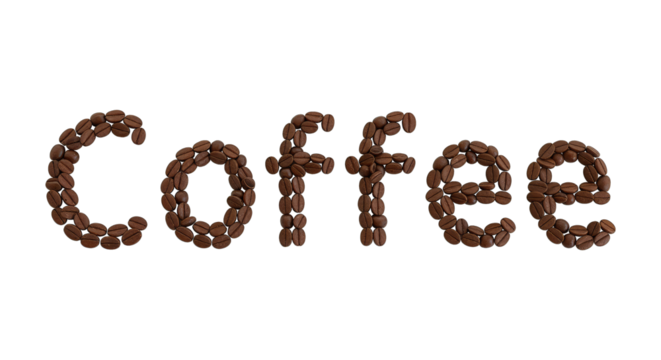 Creative word coffee formed by roasted beans, breakfast brew, caffeine kick