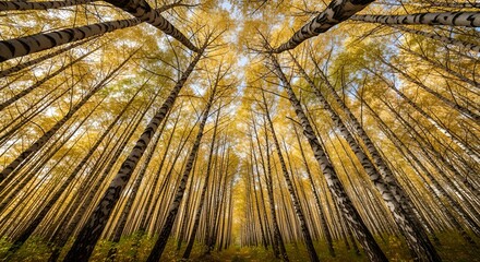 Looking up through a dense birch forest canopy with golden autumn leaves and bright sky.