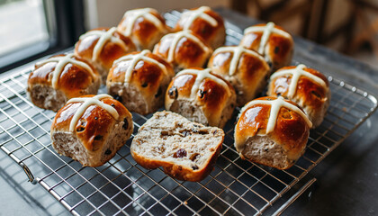 Warmly lit, appetizing hot cross buns on a wire rack, with one sliced open, set on a rustic wooden table in a cozy UK setting for a traditional Christmas dinner.