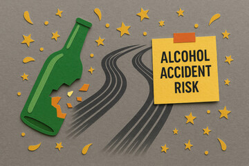 Alcohol accident risk concept with paper cut broken bottle and skid mark on road. cautionary safety message with yellow sticky note and gold accent on grey background