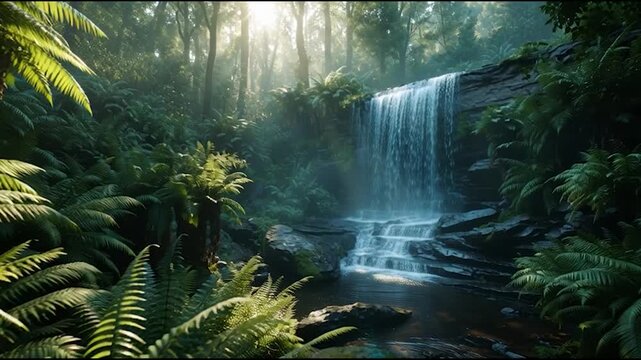 Experience the stunning waterfall cascading through a lush green forest, sunlight streaming, perfect for nature documentaries and travel vlogs