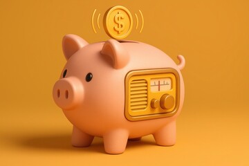 Money Radio: A piggy bank with a vintage radio design, symbolizing financial stability. A gold coin is inserted into the slot. 