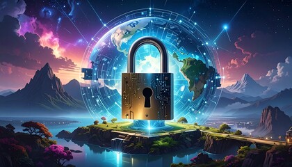 Digital artwork depicting an Earth globe shielded by a padlock with a luminous energy field and fantasy landscape