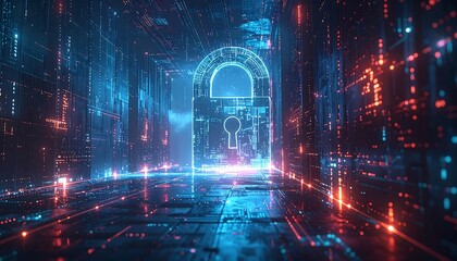 Digital futuristic tunnel with an illuminated padlock at the end, representing security and encryption. Data flows through channels