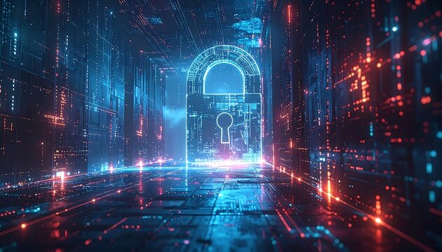Digital futuristic tunnel with an illuminated padlock at the end, representing security and encryption. Data flows through channels - Powered by Adobe