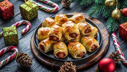 A festive Christmas dinner setup in the UK featuring sausage rolls on a wooden platter surrounded by gifts candy canes and evergreen branches on a dark wooden table.