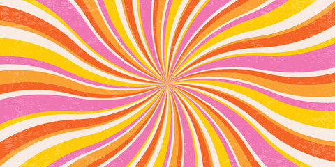 Retro radial background with pattern of groovy spiral wavy rays. Psychedelic summer bg. 70s abstract pink and orange striped poster. Funky sunburst backdrop. Vector illustration
