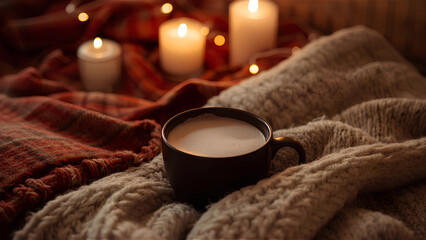 Warm cocoa drink with candlelight and cozy blanket for a comforting winter night