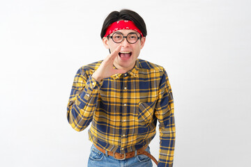 Fototapeta premium アキバ系の男性 応援 白背景