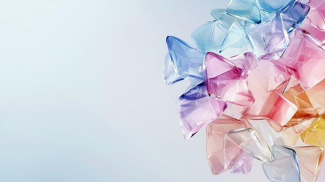A cluster of translucent, geometric shapes in various pastel colors like blue, pink, purple, and yellow, arranged in a dynamic composition against a soft, gradi