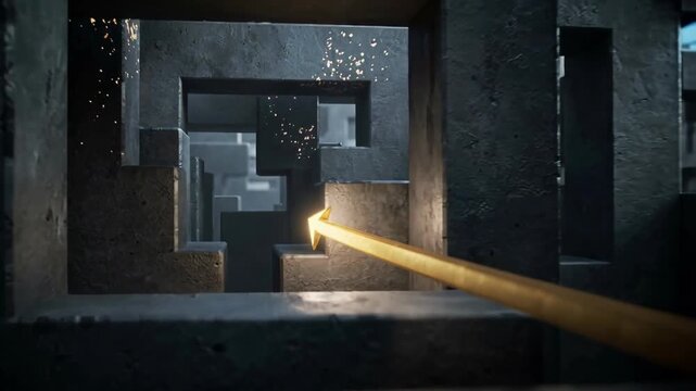 A golden arrow points the way through a dark, complex maze. The image indicates a path or solution in a difficult situation.
