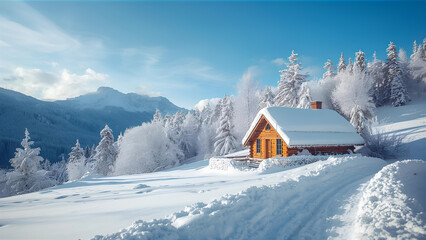 Winter Retreat Cozy Cabin in a Snow-Covered Landscape with Majestic Mountains