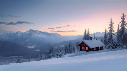 Winter Solitude A Cozy Cabin Retreat Amidst Snow-Kissed Mountains at Sunset