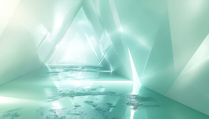 Abstract glowing geometric tunnel with ethereal light and reflective floor, creating a futuristic and serene atmosphere.