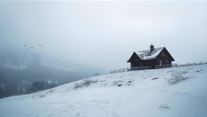 Winter Solitude A Rustic Cabin on a Snow-Covered Hill Under a Cloudy Sky