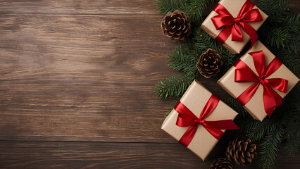 Christmas Gifts, Pine Branches, and Cones on Wood Background for Holiday Season