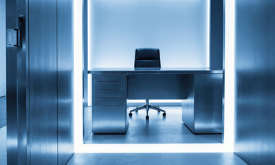 Fototapeta premium Ice-Blue Steel Office Stainless desks tinted ice-blue, no staff; centered shot, cool white LED reflections evoke precision.
