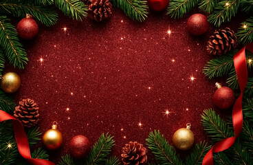 A sparkling red Christmas background is framed with pine branches, ornaments, pinecones, and glowing lights.
