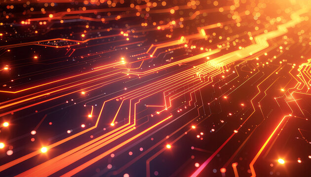 Abstract glowing orange and red circuit board with intricate lines and data flow, representing advanced technology and digital communication.