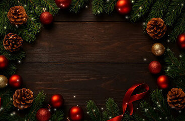 A cozy Christmas border of pine branches, baubles, pinecones, and ribbon rests on a dark wooden background.