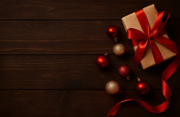 A brown gift box with a shiny red ribbon sits beside glittering ornaments on a dark wooden surface.