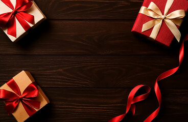 Three beautifully wrapped gift boxes with festive bows rest on a dark wooden surface, beside a curling red ribbon.