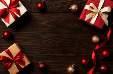 Three festive gift boxes with elegant ribbons are surrounded by red and gold ornaments on a dark wooden surface.