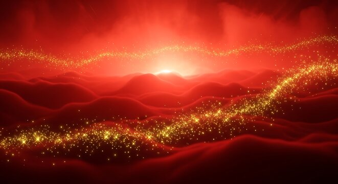 Fiery red nebula with golden cosmic dust and bright starburst