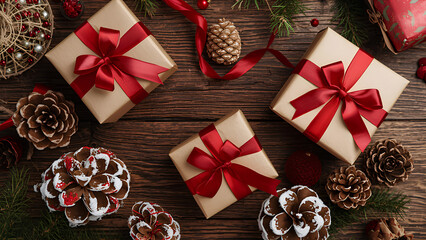 Festive Holiday Gifts Wrapped in Red Ribbons on Rustic Wooden Surface for Christmas Cheer