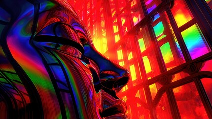 A close-up, abstract view of a metallic face sculpture with vibrant, rainbow-colored reflections. The sculpture is positioned against a backdrop of an ornate wi