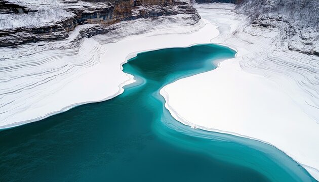 An aerial view of a vibrant turquoise river or lake flowing through a snow-covered canyon. The water is partially frozen with ice formations along the banks, co - Powered by Adobe