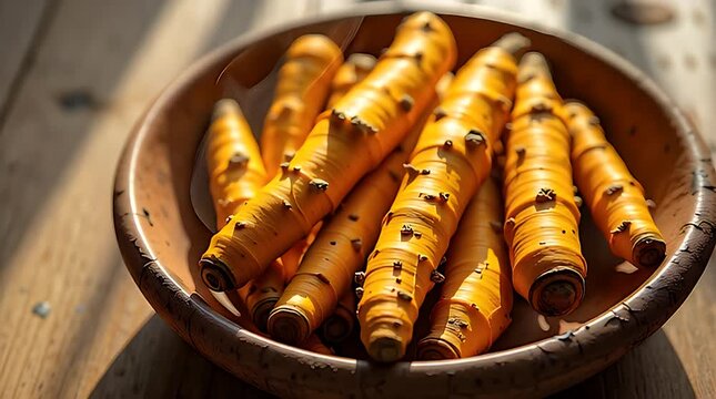 Golden turmeric roots arranged in a rustic stoneware dish, directional natural light, sharp shadows, warm earthy palette, high-resolution macro detail, culinary ingredient concept.