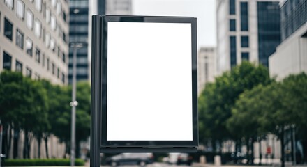 Empty billboard advertising space in urban setting surrounded by modern buildings and greenery, ideal for promotional campaigns and marketing strategies with copy space