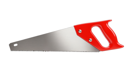 Red handled hand saw tool for cutting wood, carpentry, and construction projects.