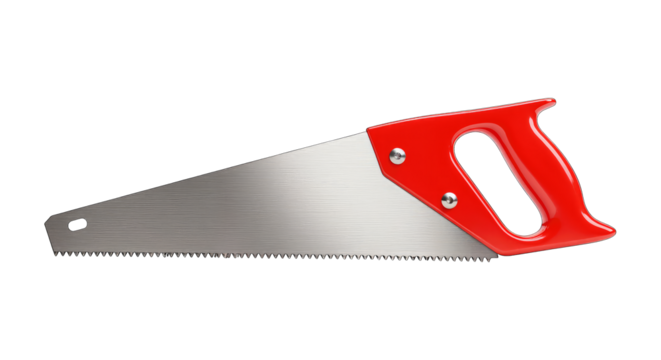 Red handled hand saw tool for cutting wood, carpentry, and construction projects.
