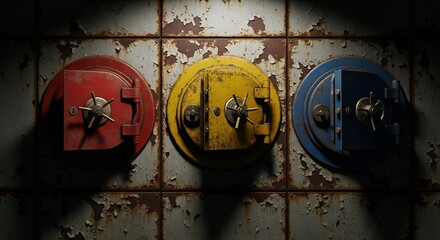 Trio of colorful, rusted vault doors set against a peeling, weathered metal background.