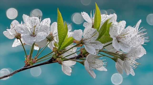 A close-up shot of delicate white cherry blossoms covered in water droplets, with vibrant green leaves, set against a soft blue background with bokeh circles.
