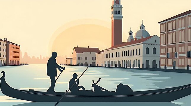 Flat vector illustration of Venice Grand Canal at sunrise, gondola silhouette, pastel orange sky, historic buildings with soft reflections in the water, elegant minimal travel-poster style.